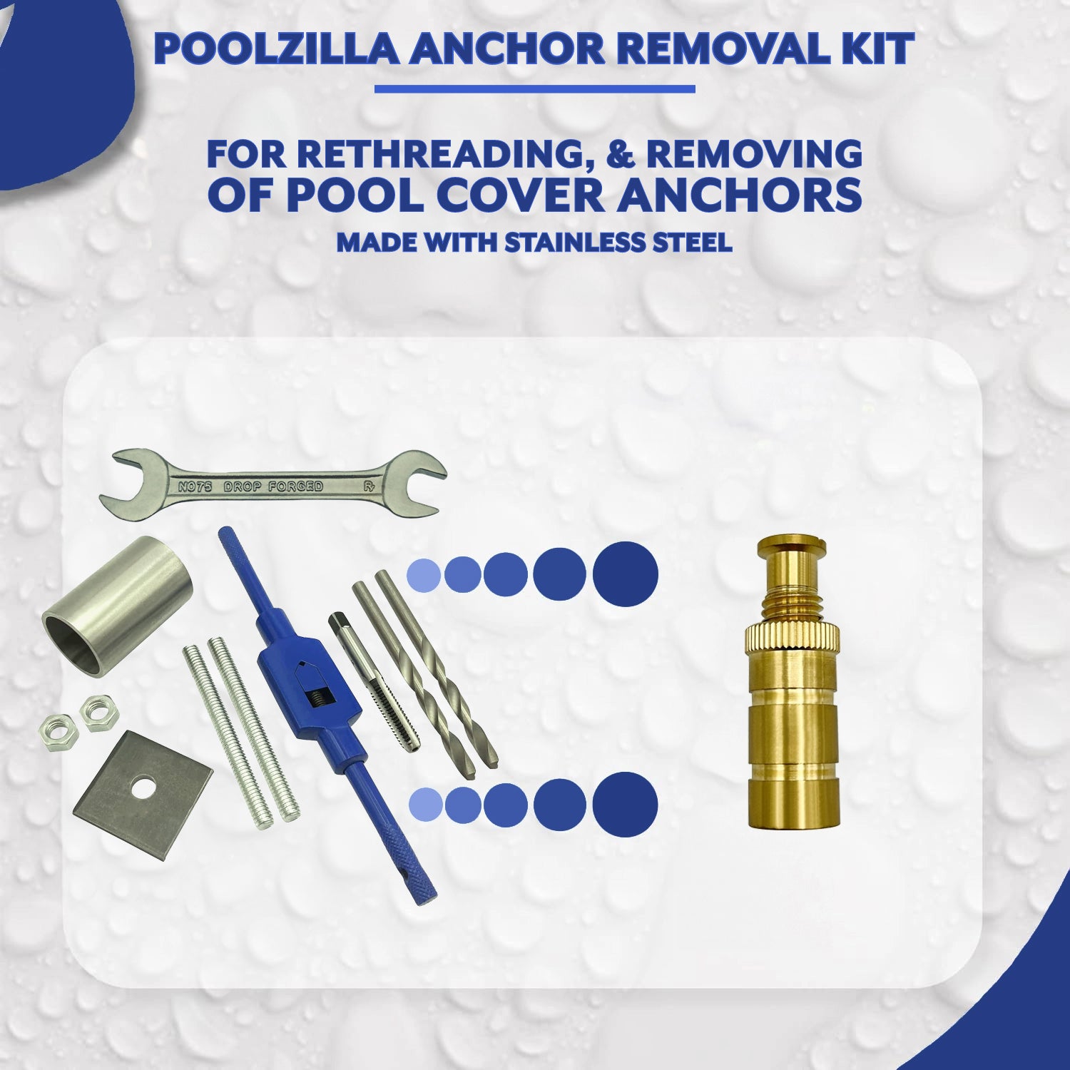 Poolzilla Anchor Removal Tool Kit, 7 Piece Set for Rethreading and Removing Pool Cover Anchors, Made with Stainless Steel