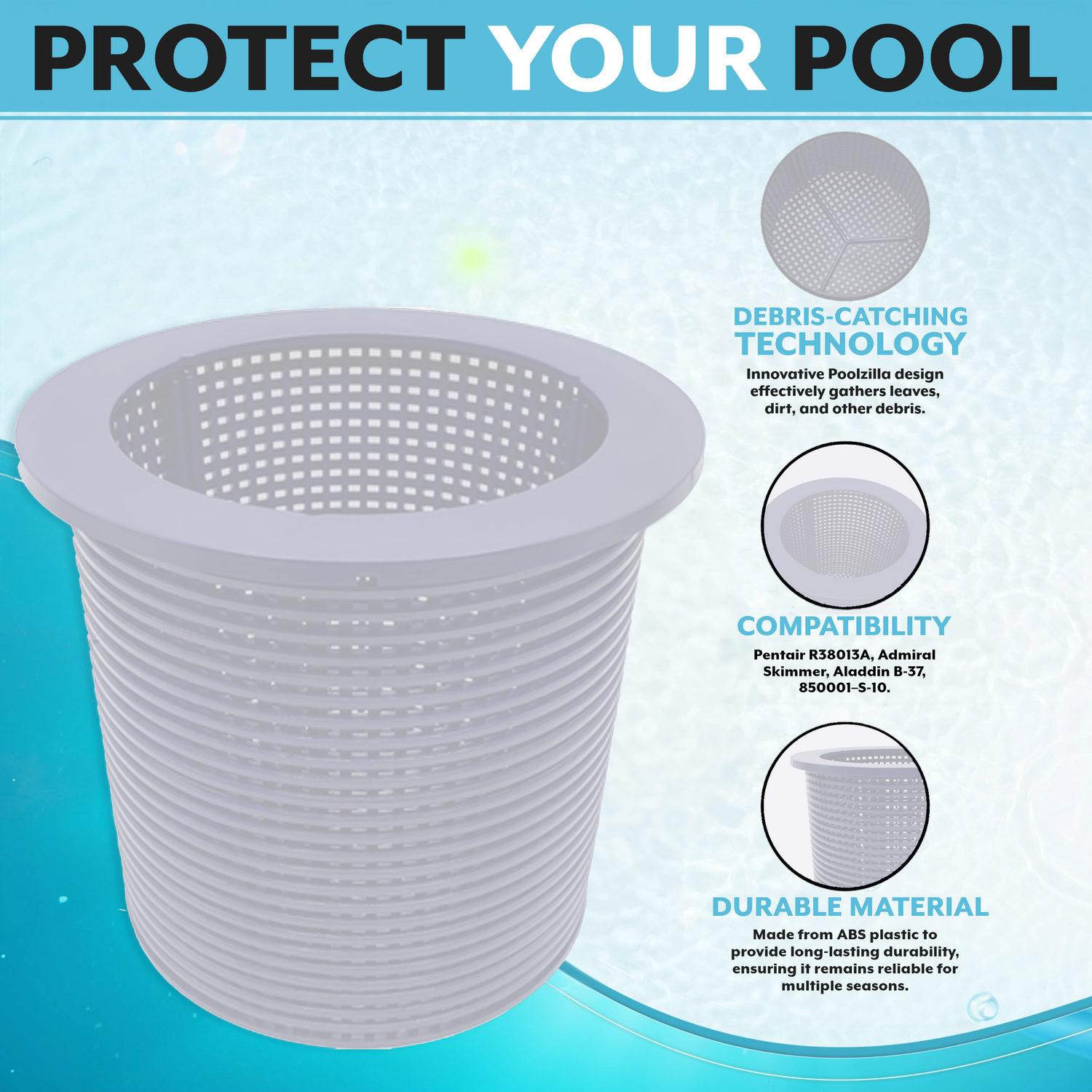 Poolzilla Premium Skimmer Basket, Compatible with Pentair 38013A, Admiral Skimmer, Aladdin B-37, 850001âS-10