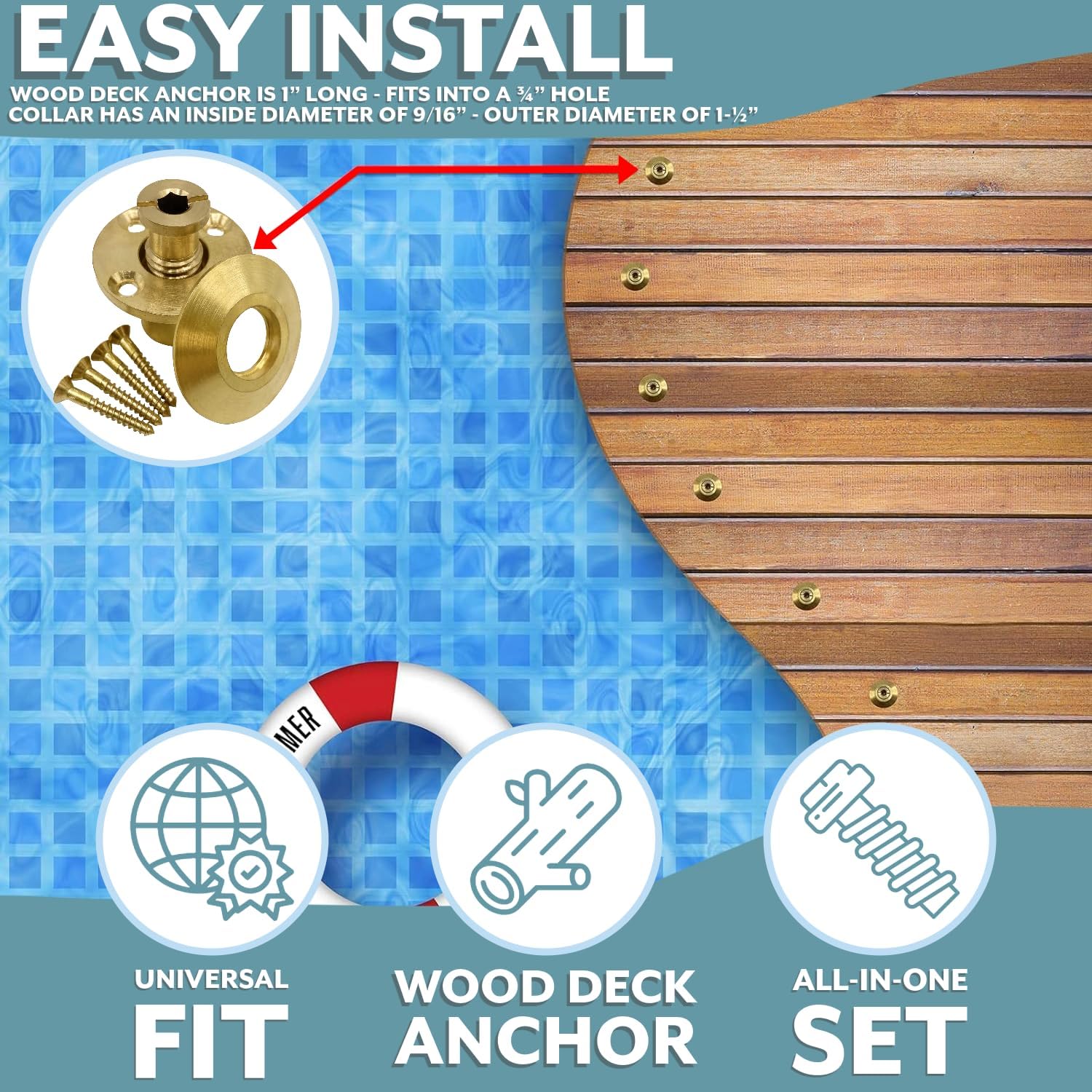 Poolzilla Wood Deck Brass Anchor with Collar for Safety Cover - Universal Fit