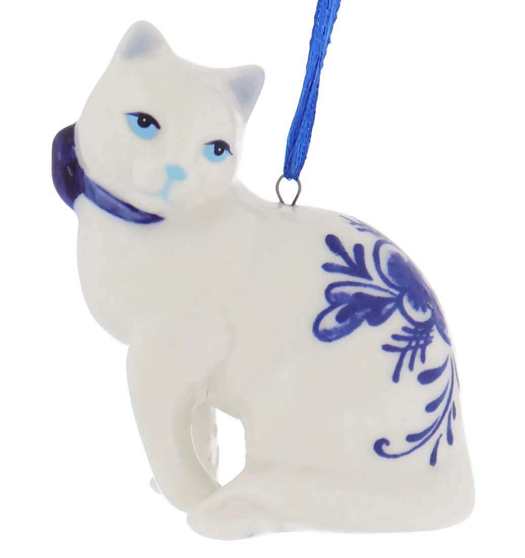 Porcelain Delft Blue Cat Ornament Set Of 2 for Christmas