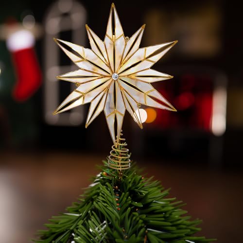 Kurt S. Adler Kurt Adler 10-Light 12-Point Capiz Star and Center Gem Treetop, 10.24in, Gold, White