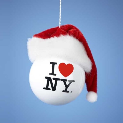 Kurt Adler Plastic Ornament for Christmas Tree, I Love NY Ball with Fabric Santa Hat, 3.5