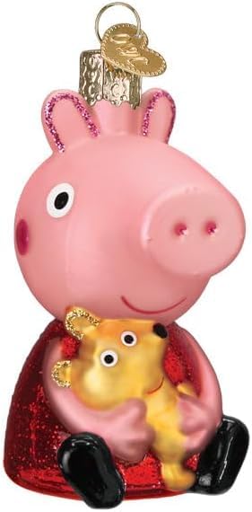 Old World Christmas Peppa Pig with Teddy Glass Blown Ornament for Christmas Tree, Handcrafted Holiday Decoration, Childrens Show Collection