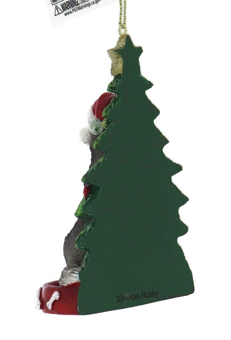 Siberian Husky Dog Wearing Santa Hat with Christmas Tree Ornament E0369HU New
