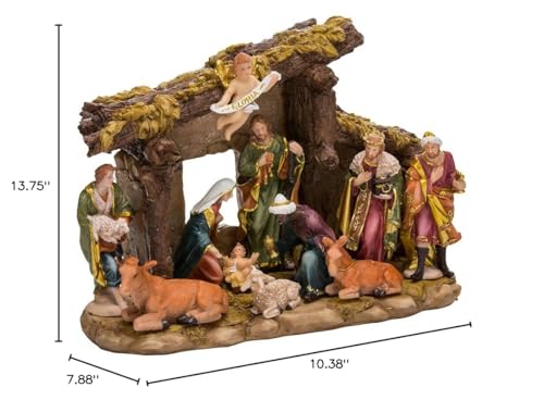 Kurt S. Adler Resin Stable- Kurt Adler Nativity Set with Figures, Brown, 10.38in, 11-Piece