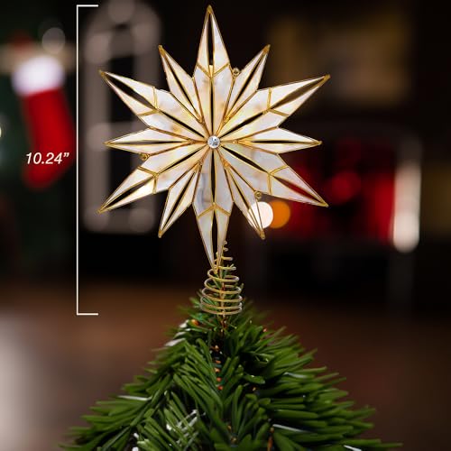 Kurt S. Adler Kurt Adler 10-Light 12-Point Capiz Star and Center Gem Treetop, 10.24in, Gold, White