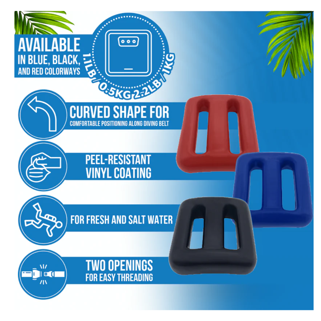 Poolzilla Diving Weight 2.2LB (1 Kg) for Scuba Diving, Lead Belt Weight (Red, Blue, or Black)