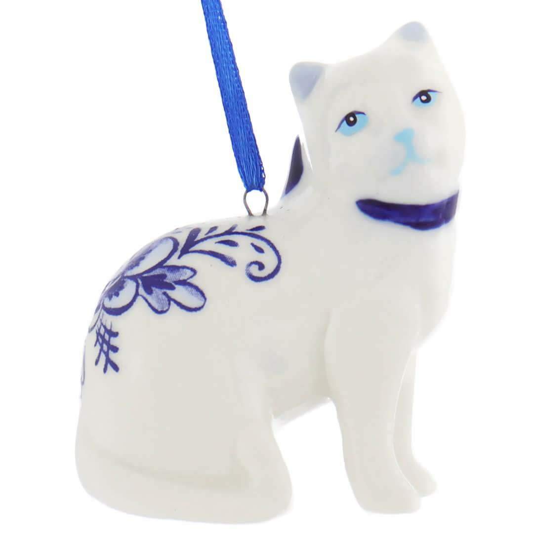 Porcelain Delft Blue Cat Ornament Set Of 2 for Christmas