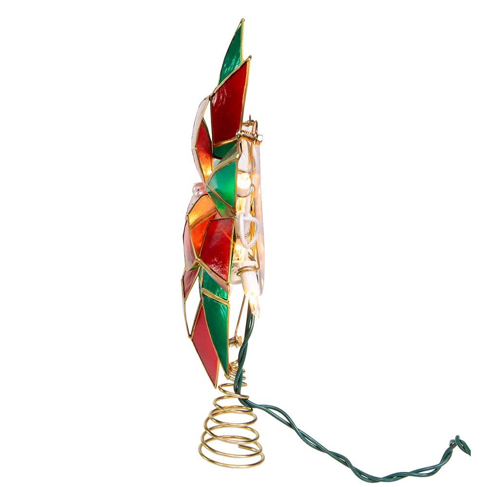 Kurt Adler 10-Point Illuminated Multi-Point Capiz Shell Poinsettia for Indoor Christmas Treetop, 10 Warm White Incandescent Lights, Red and Green, 9.5