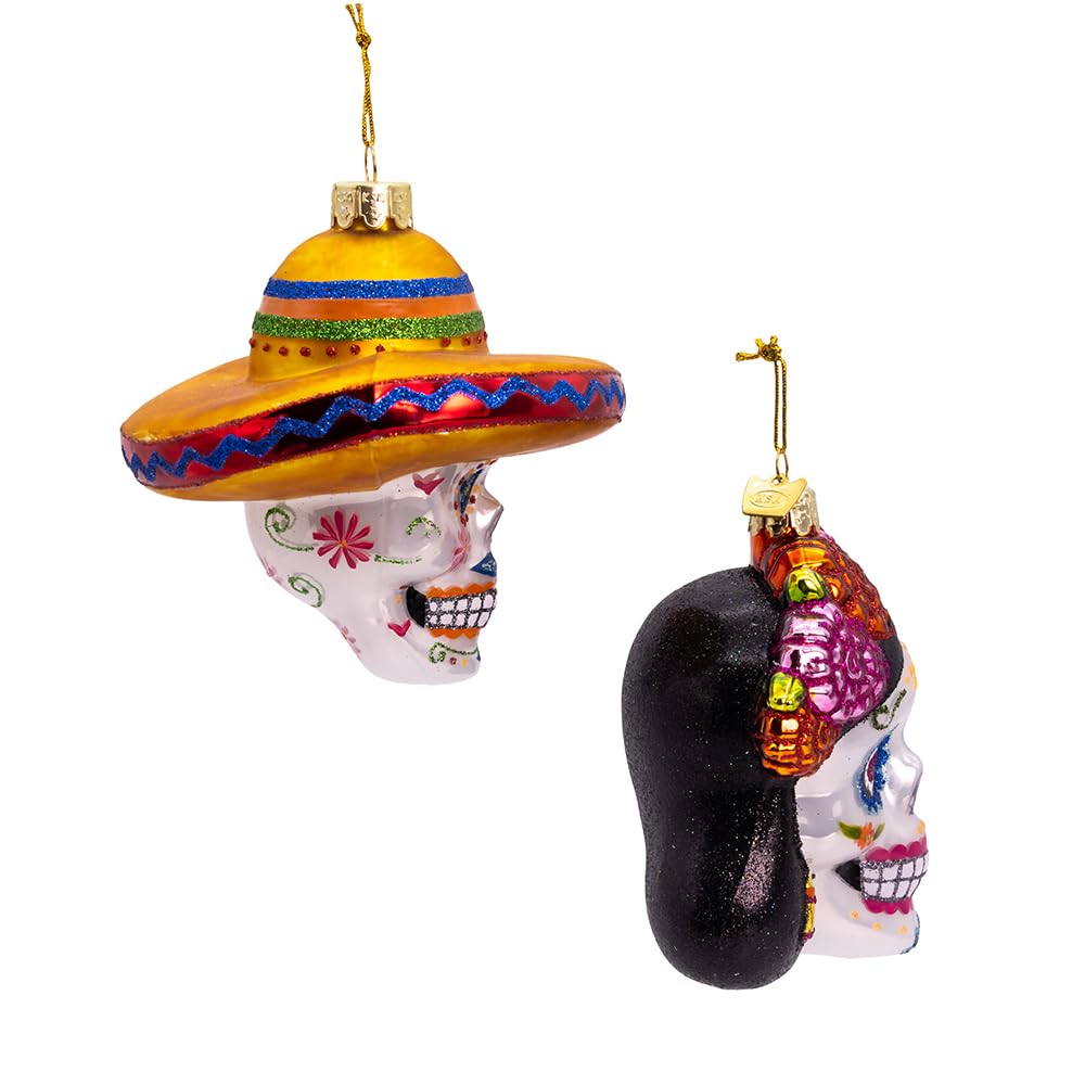 Kurt Adler 4-4.25-inch Noble Gems? Glass Day of The Dead Sugar Skull Ornament Set