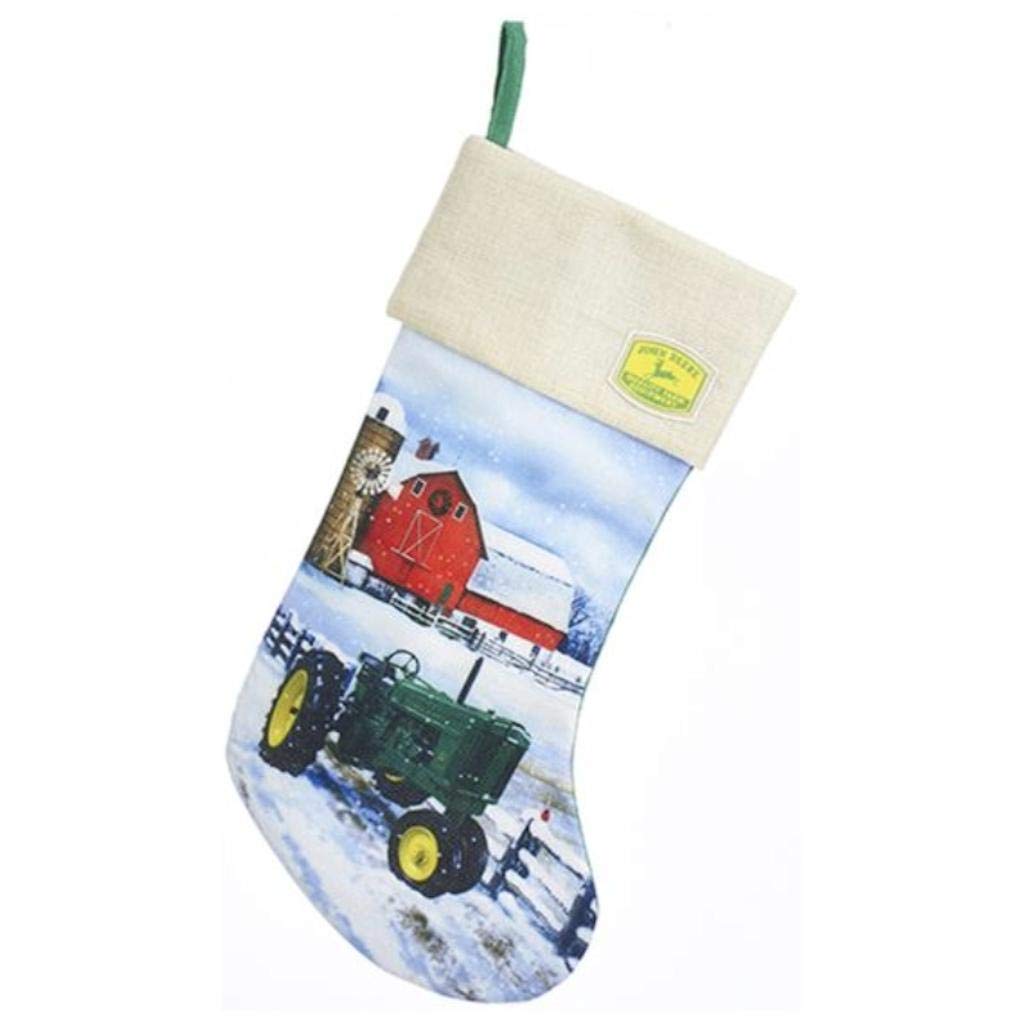 Kurt Adler John Deere Tractor Parked in Snow Farm Scene Holiday Stocking