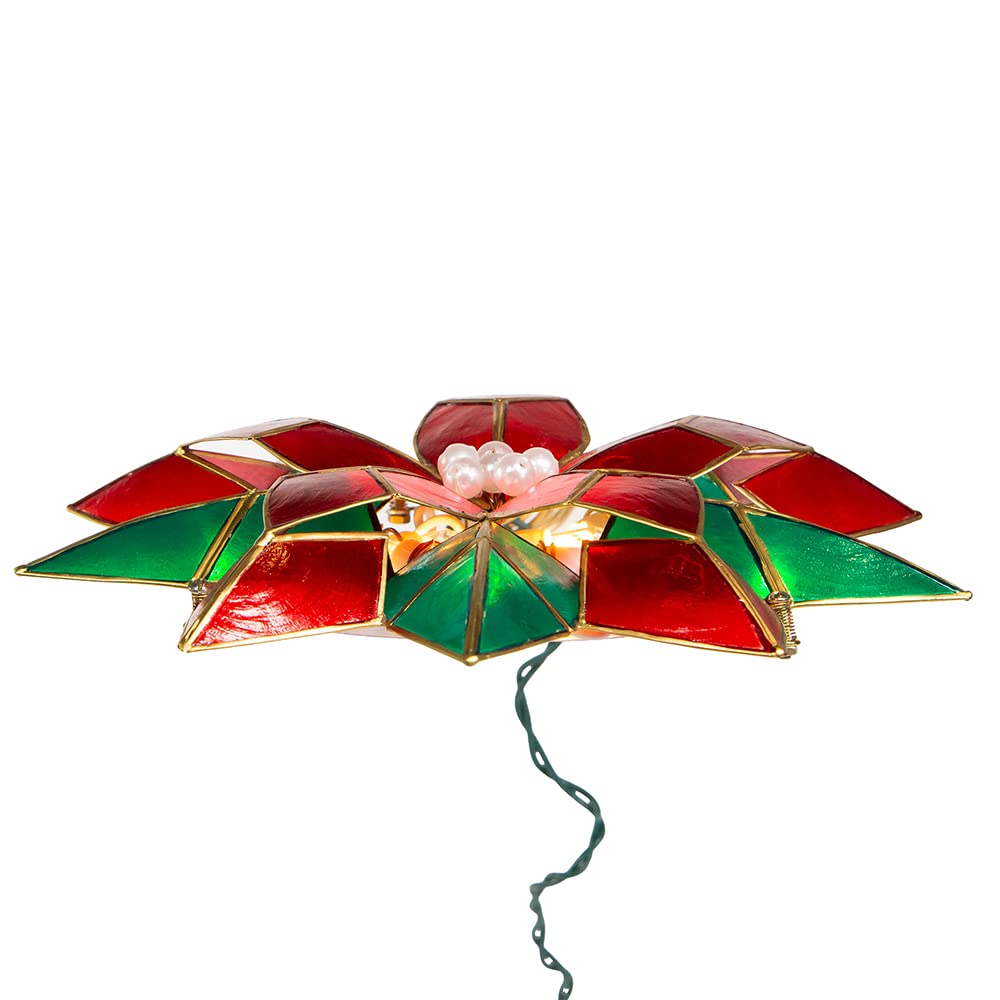 Kurt Adler 10-Point Illuminated Multi-Point Capiz Shell Poinsettia for Indoor Christmas Treetop, 10 Warm White Incandescent Lights, Red and Green, 9.5