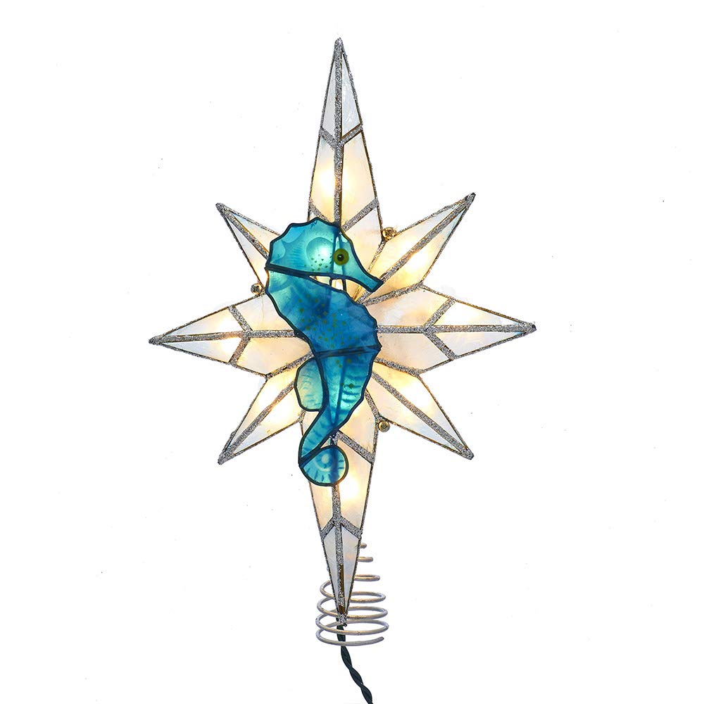 Kurt Adler 8-Point Illuminated Capiz Shell Bethlehem Star with Seahorse Treetop, 10 Incandescent Lights, 11.4