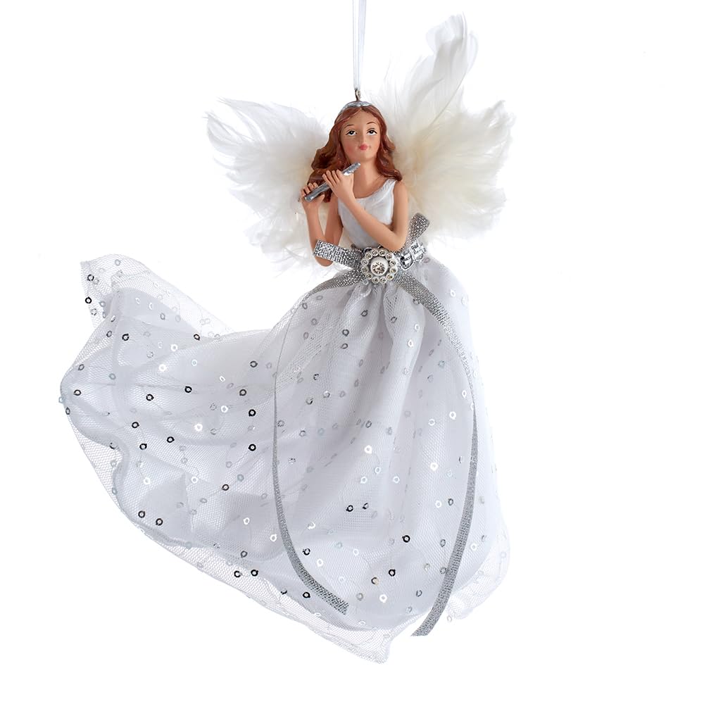 Kurt S. Adler Elegant Whimsical Ballerina, Fairy, Angel Ornaments (Silver and White 7" Flying Angel Ornament J8809)