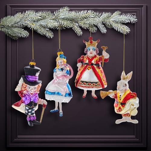 Kurt Adler Noble Gems Glass Ornaments for Christmas Tree, Alice in Wonderland (4-Piece Box Set)