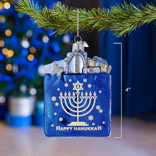 Kurt Adler 4" Noble Gems Happy Hanukkah Glass Gift Bag Ornament (NB1126)