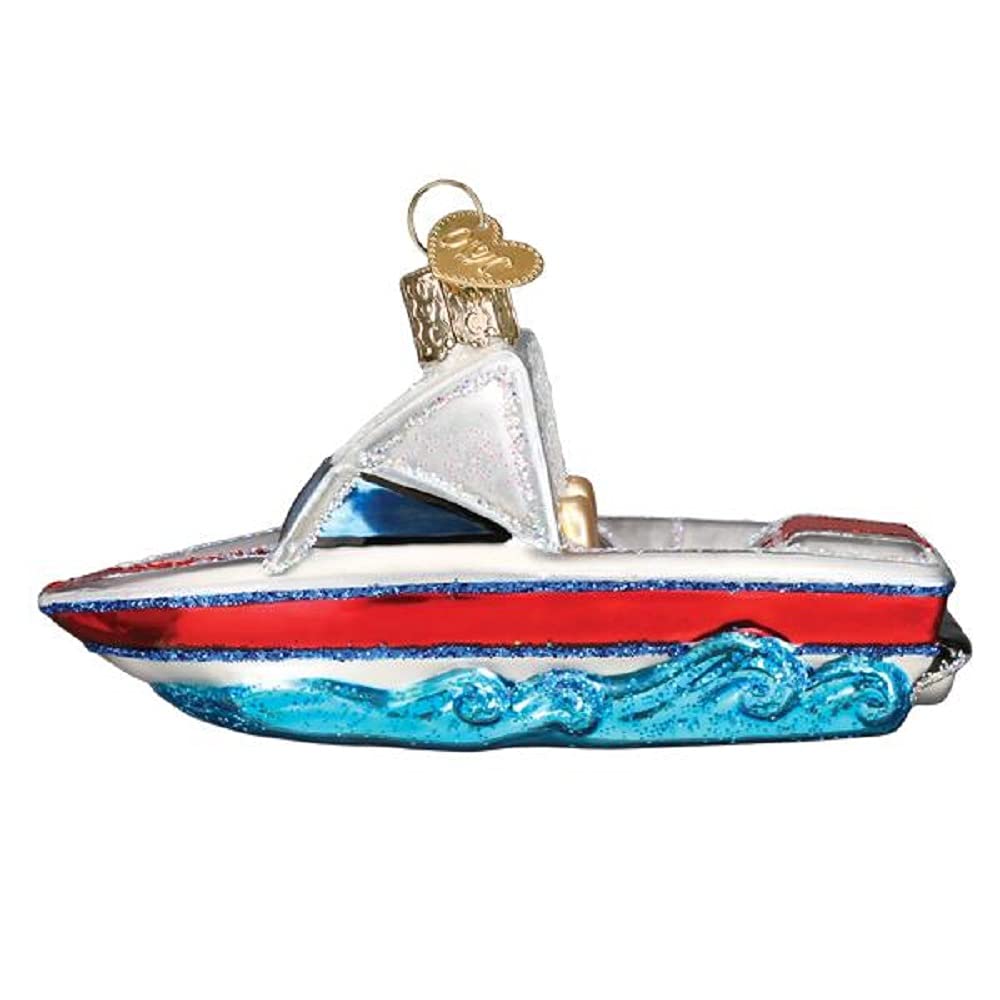 Old World Christmas Ski Boat Glass Blown Ornament for Christmas Tree, Handcrafted Holiday Decoration, Transportation Collection