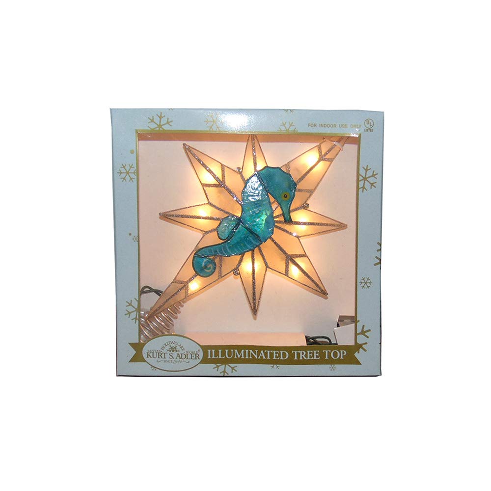 Kurt Adler 8-Point Illuminated Capiz Shell Bethlehem Star with Seahorse Treetop, 10 Incandescent Lights, 11.4"