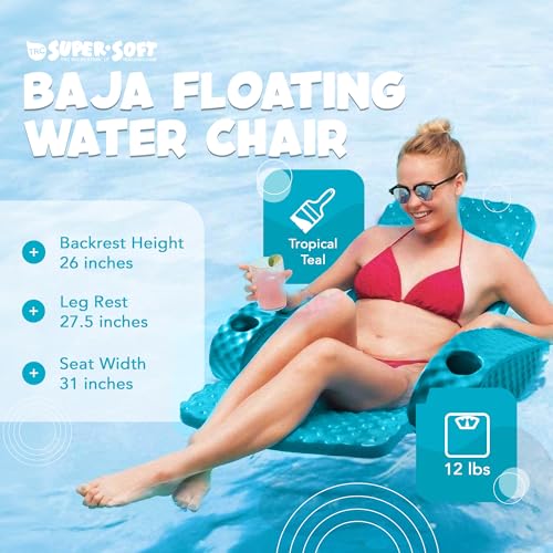 TRC Recreation Folding Baja Chair Foam Swimming Pool Float, Portable Super Soft Floating Lounger with 2 Cup Holders for Beach Essentials, Teal