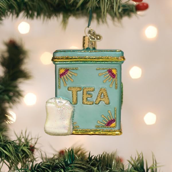 Old World Christmas Tea Tin Glass Blown Ornament for Christmas Tree, Handcrafted Holiday Decoration, Tea Collection