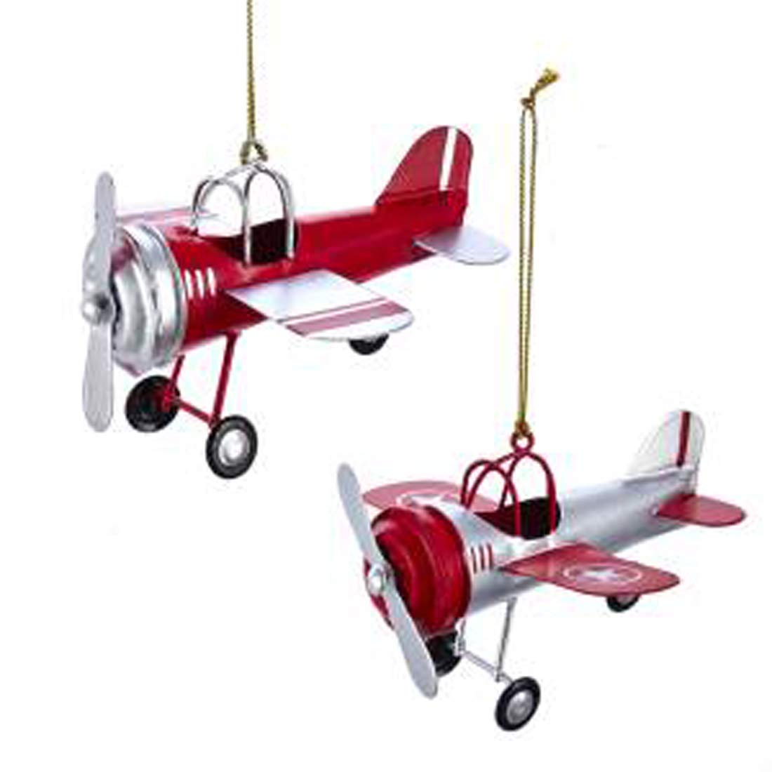 Kurt Adler Vintage Red Silvertone Airplane 4 inch Metal Decorative Hanging Ornament, Set of 2