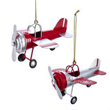 Kurt Adler Vintage Red Silvertone Airplane 4 inch Metal Decorative Hanging Ornament, Set of 2