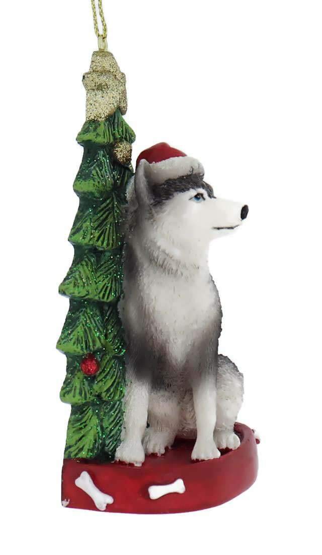 Siberian Husky Dog Wearing Santa Hat with Christmas Tree Ornament E0369HU New