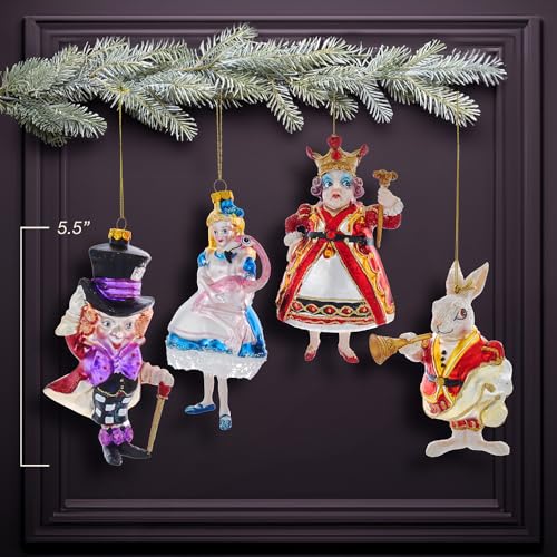 Kurt Adler Noble Gems Glass Ornaments for Christmas Tree, Alice in Wonderland (4-Piece Box Set)