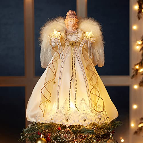 Kurt S. Adler Kurt Adler 14-Inch Battery-Operated Ivory and Gold LED Angel Treetop, White