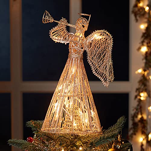 12-Inch 20 Light Incandescent Gold Glitter Angel Tree Topper
