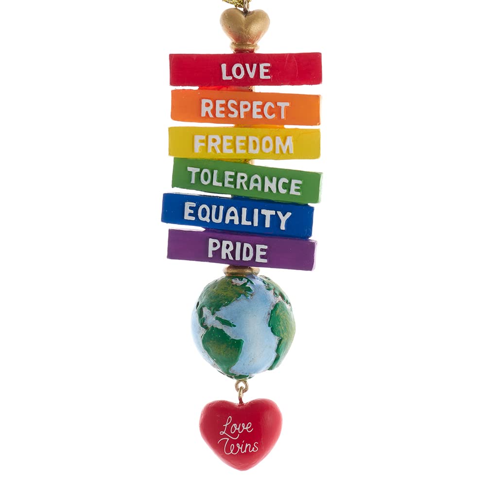 Kurt Adler Pride Sign Ornament, 5 Inches, Resin, Modern, Pride Colors, Heart Shape, Hanging, Love Wins