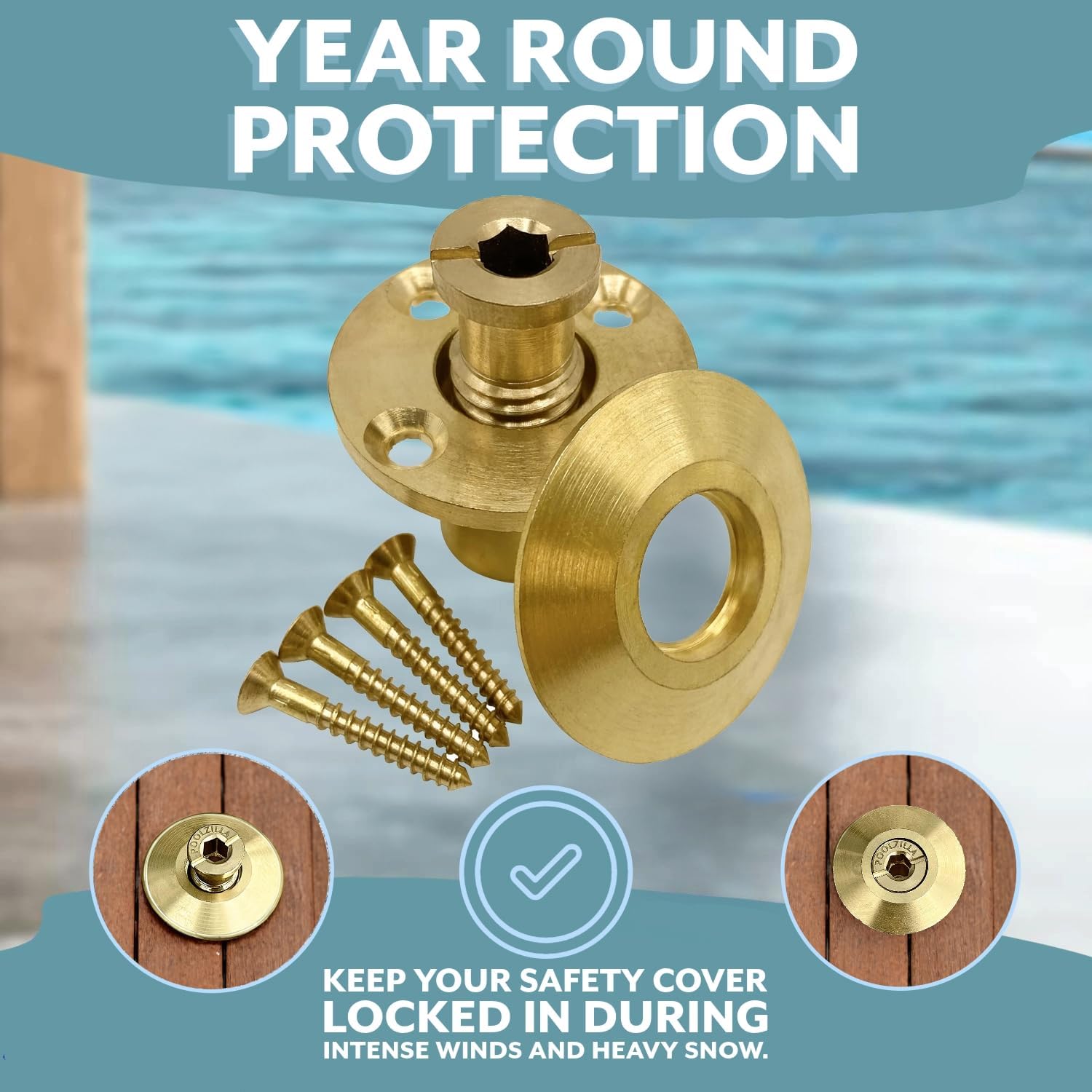 Poolzilla Wood Deck Brass Anchor with Collar for Safety Cover - Universal Fit