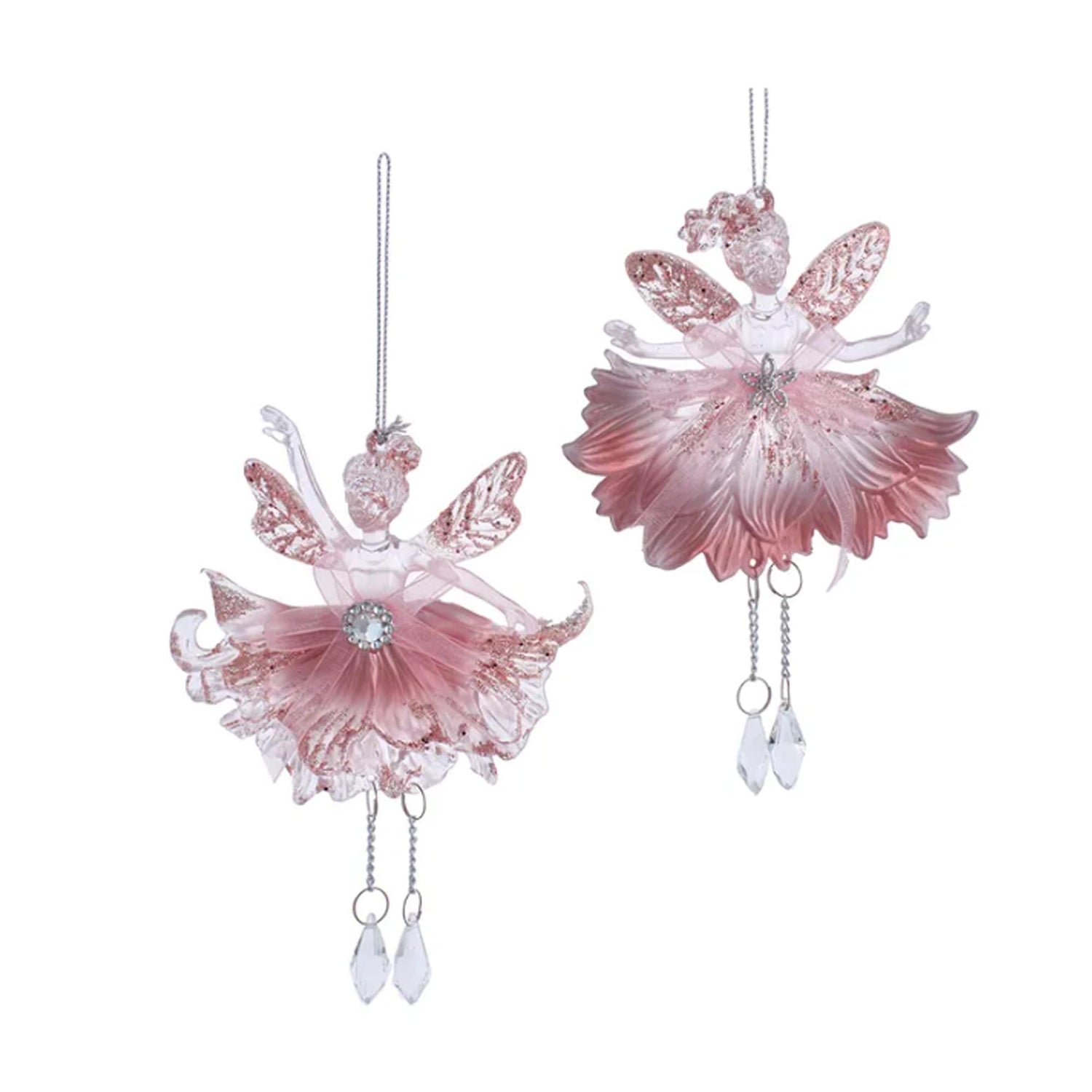 Kurt S. Adler T3340 Jeweled Fairy Translucent Pink 6.3 Inch Acrylic Hanging Christmas Ornament 2 Piece Set