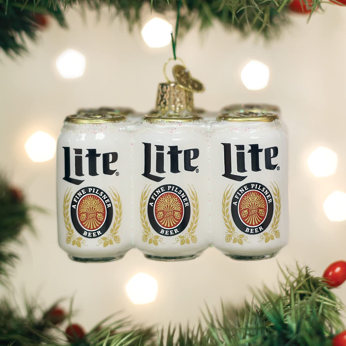 Old World Christmas Miller Lite Six Pack Glass Blown Ornament for Christmas Tree, Handcrafted Holiday Decoration, Beer Collection