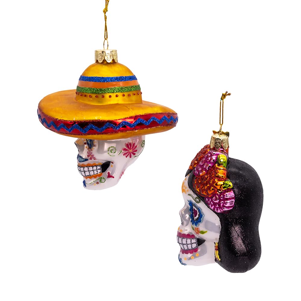 Kurt Adler 4-4.25-inch Noble Gems? Glass Day of The Dead Sugar Skull Ornament Set