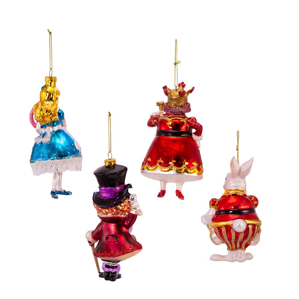 Kurt Adler Noble Gems Glass Ornaments for Christmas Tree, Alice in Wonderland (4-Piece Box Set)