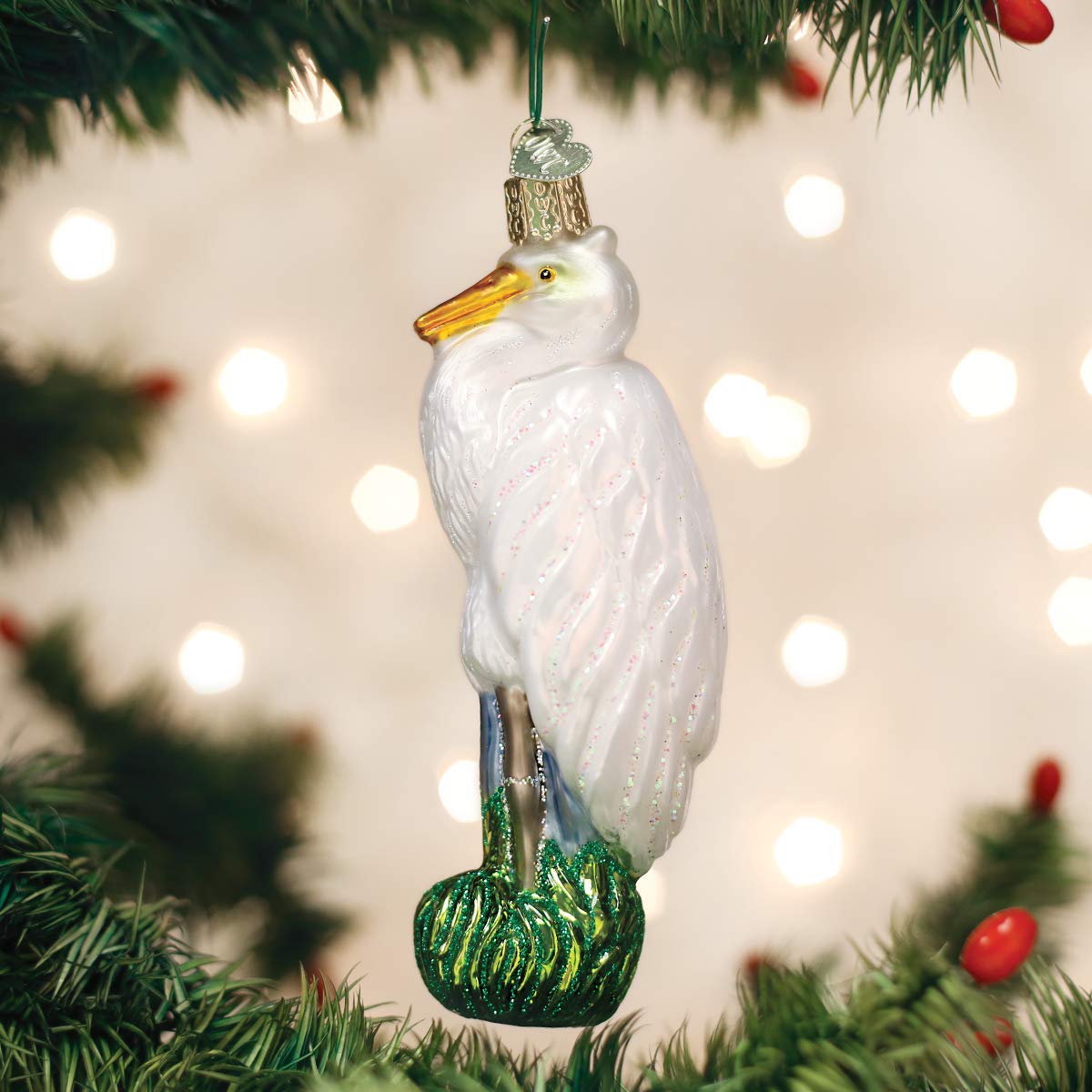 Old World Christmas Bird Watcher Collection Glass Blown Ornaments for Christmas Tree Egret, Great Egret 16116