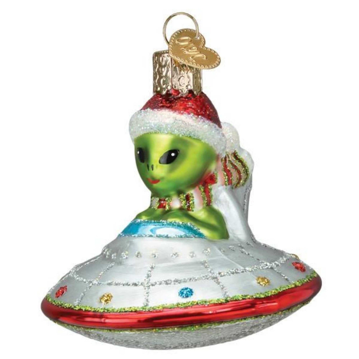 Old World Christmas UFO with Alien in Santa Hat Glass Blown Ornament for Christmas Tree, Handcrafted Holiday Decoration, Outer Space Collection