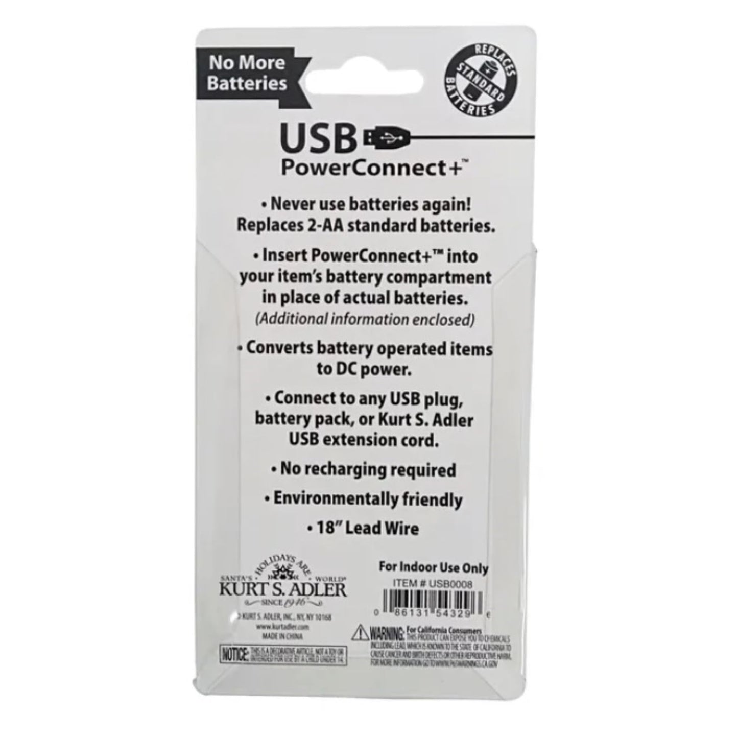 Kurt Adler USB PowerConnect+ 2 "AA Battery Converter, 18-Inch Lead Wire, Indoor Use Only