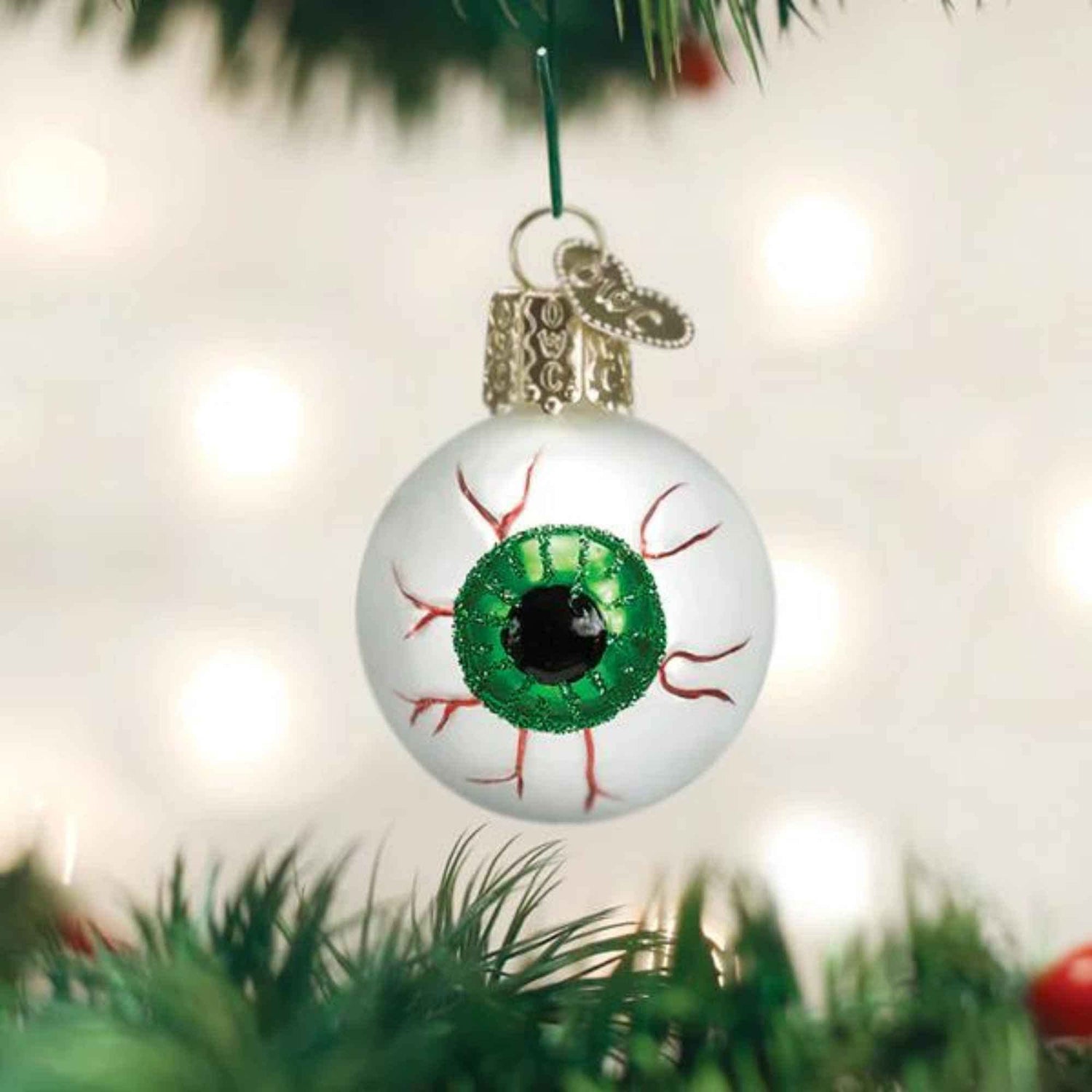 Old World Christmas Green Evil Eye Glass Blown Ornament for Christmas Tree, Handcrafted Holiday Decoration, Halloween Collection