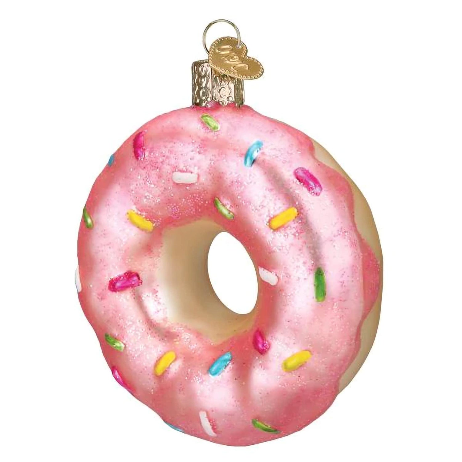 Old World Christmas Pink Frosted Donut Glass Blown Ornament for Christmas Tree, Handcrafted Holiday Decoration, Dessert - Donut Collection