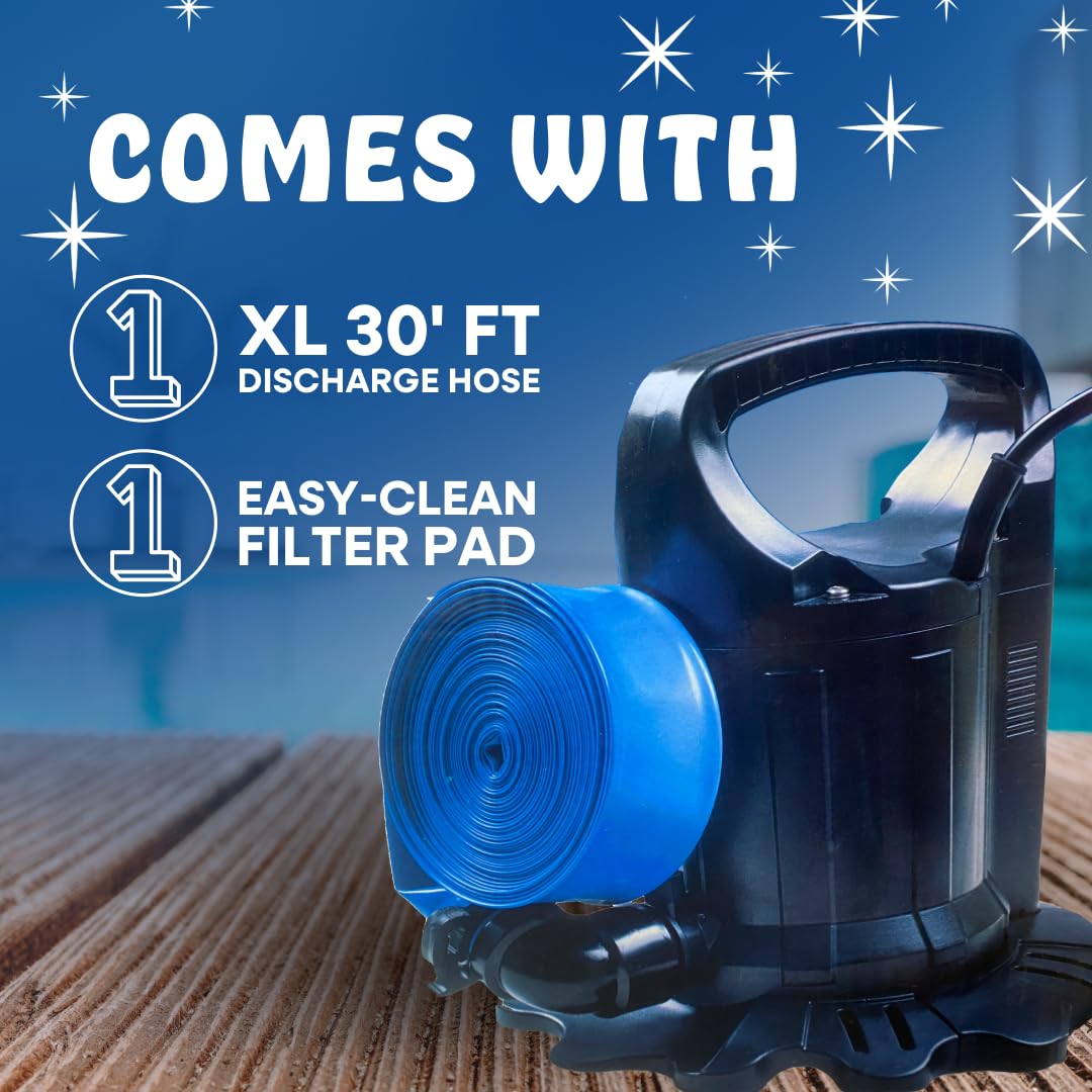 Poolzilla Submersible Cover Pump - Compatible with Standard Garden Hose, 1500 GPH, 25' FT Power Cord, with Filter Pad and 30' Foot Discharge Hose…