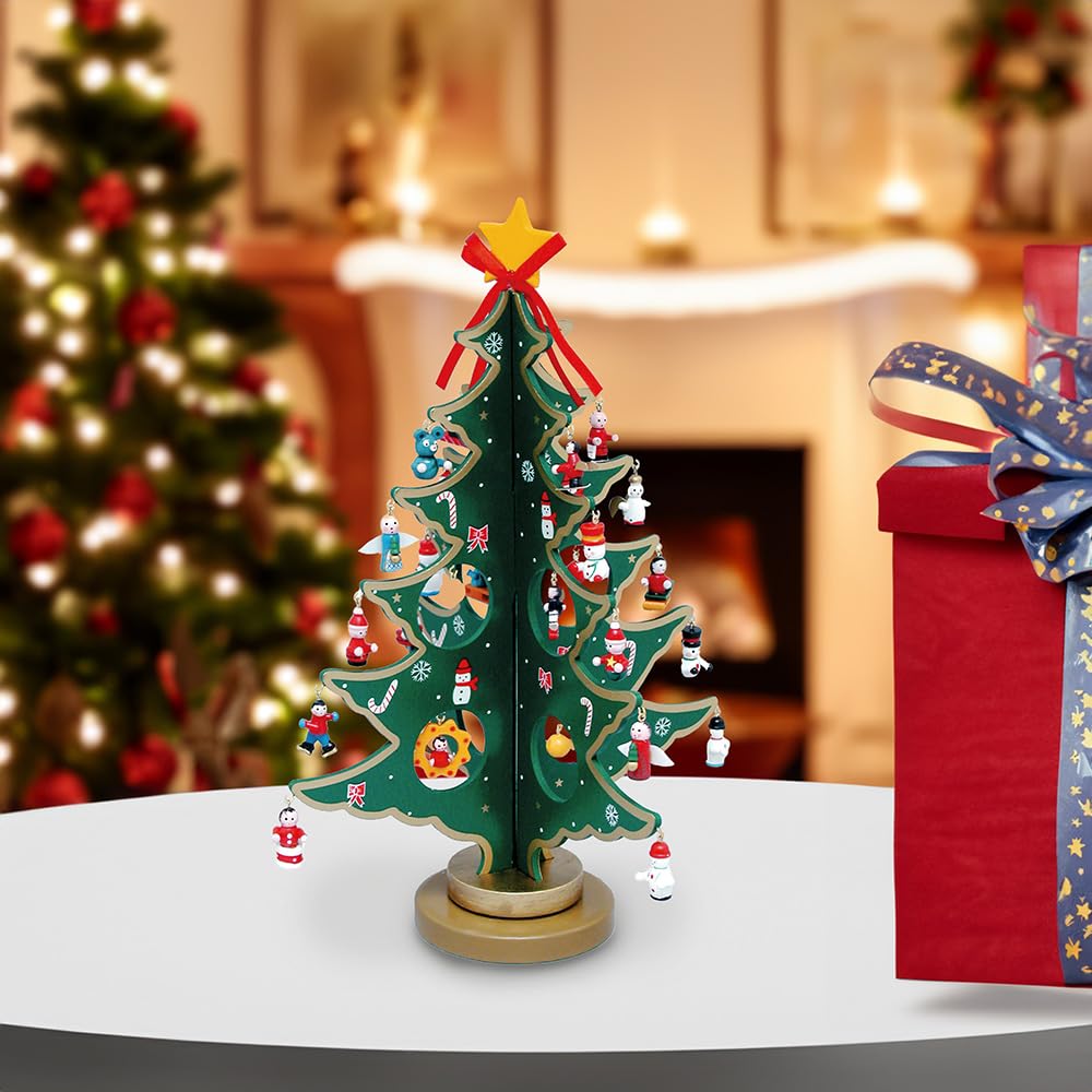 Kurt Adler Advent Calendar Christmas Tree with 24 Miniature Wooden Ornaments, Multi Color 11.75in.