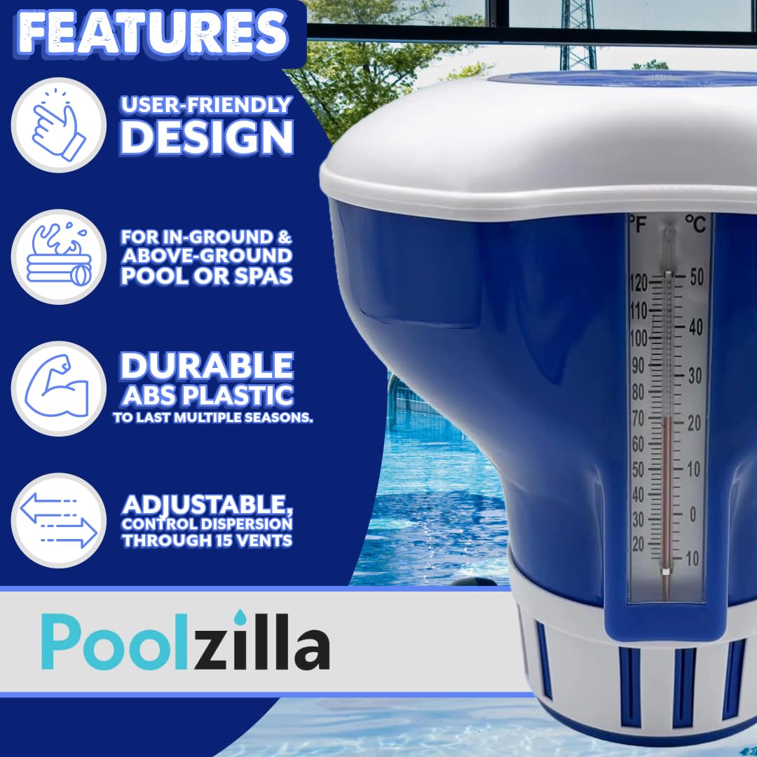 Poolzilla Chlorine Feeder with Built-in Thermometer | Adjustable Collar | Holds Chlorine Tablets up to 3”
