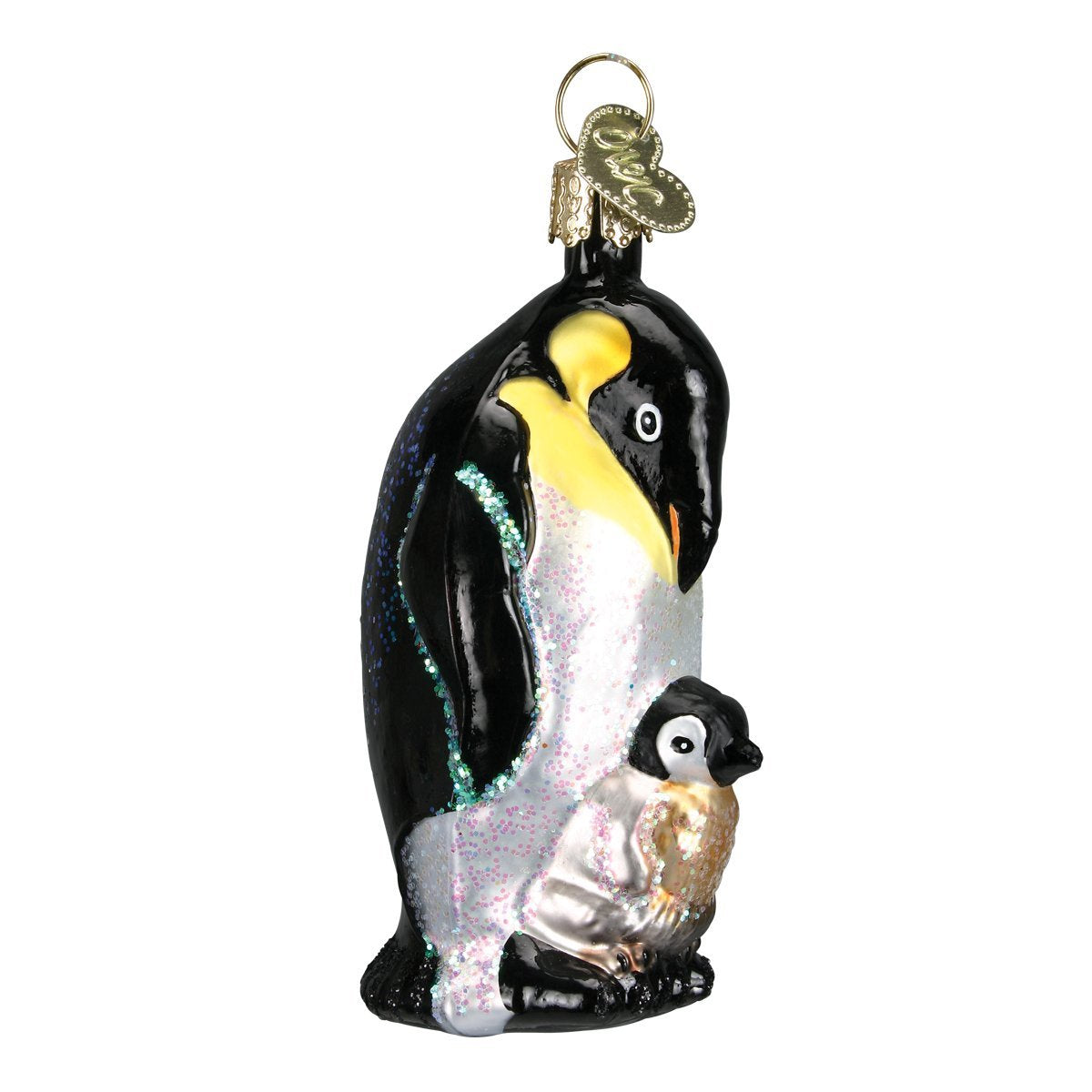 Old World Christmas Emperor Penguin with Chick, Green Glass Blown Ornament for Christmas Tree, Handcrafted Holiday Decoration, Wildlife Animal Collection