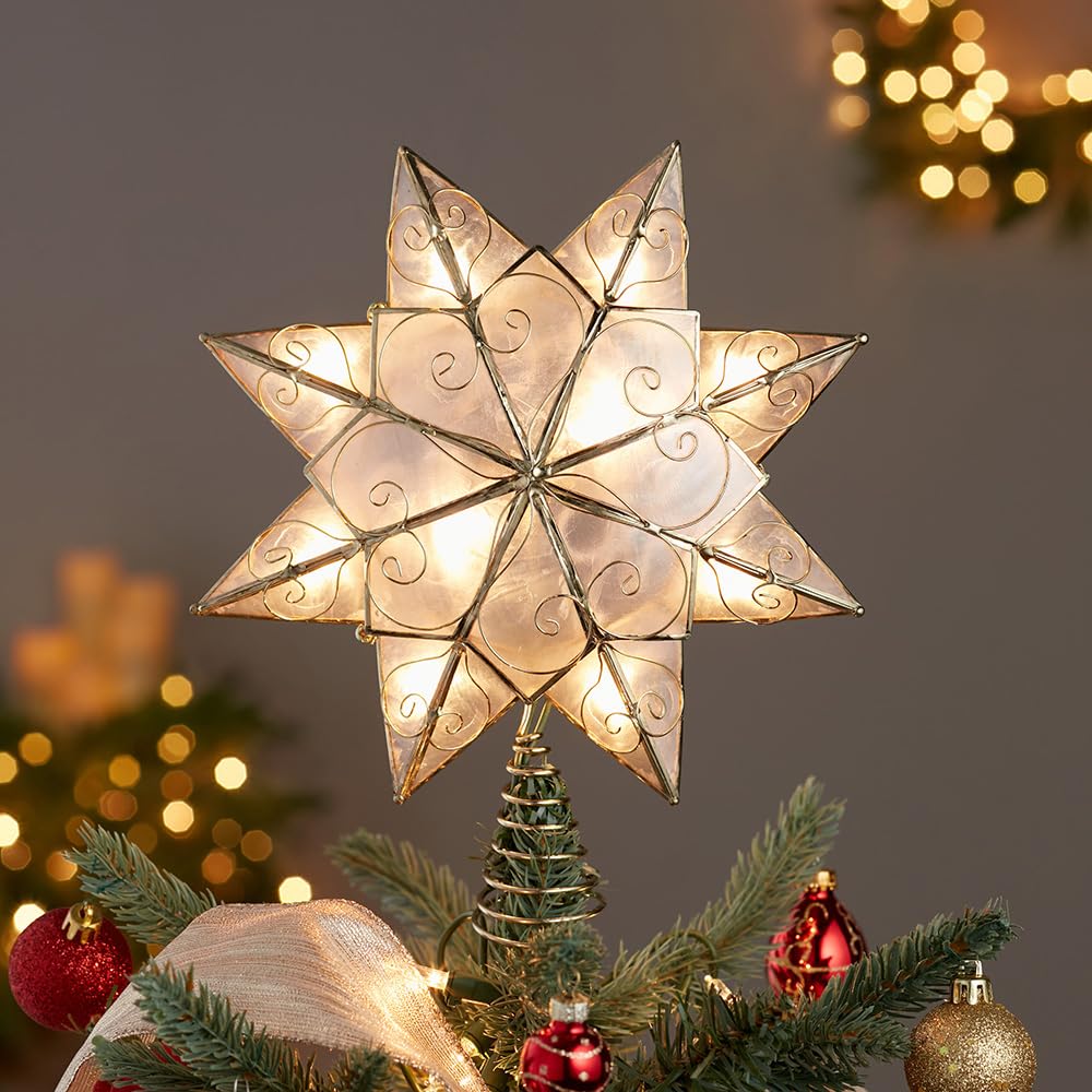 Kurt Adler Indoor 10 Light 8-Point Capiz Star Treetop with Arabesque Decoration