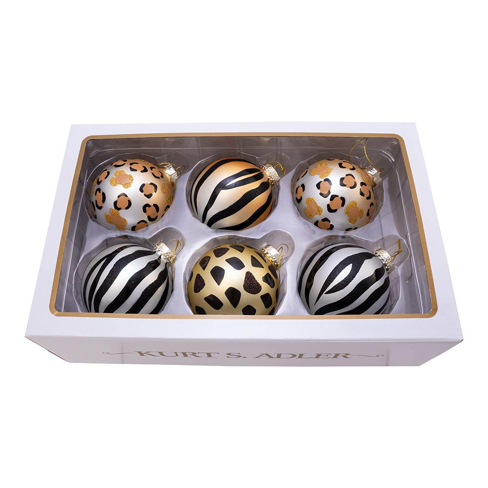 Kurt S. Adler Kurt Adler 80MM Gold, Silver and Black Animal Glass Ball, 6 Piece Box Ornament, Multi, 6 Count