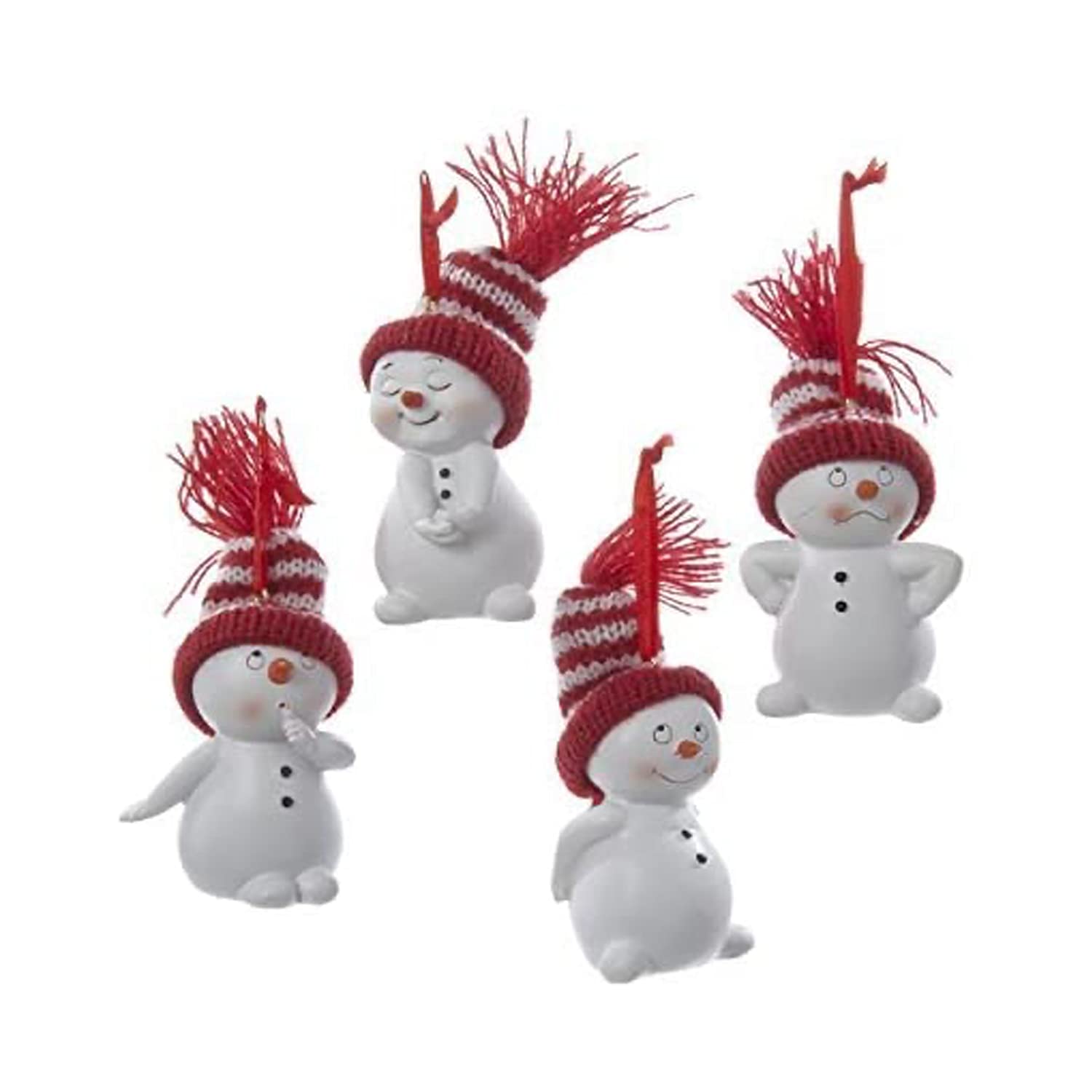 Kurt Adler C9692 Snowman with Red and White Stripe Knitted Hat Decorative Holiday Christmas Ornament Set with Various Animated Faces (4 Pack)
