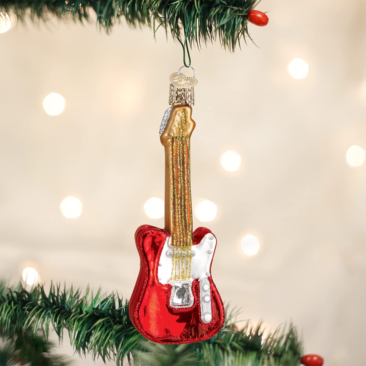 Old World Christmas Red Electric Guitar Glass Blown Ornament for Christmas Tree, Handcrafted Holiday Decoration, Music Collection