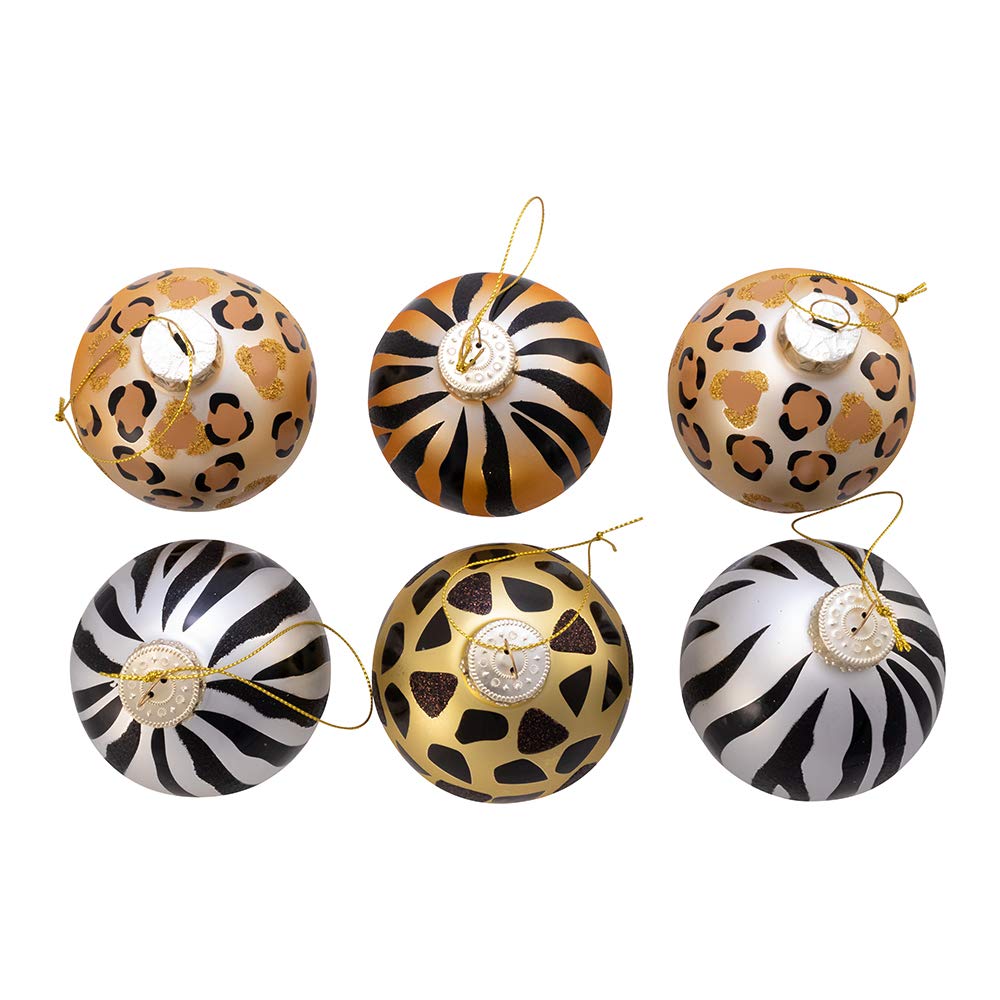 Kurt S. Adler Kurt Adler 80MM Gold, Silver and Black Animal Glass Ball, 6 Piece Box Ornament, Multi, 6 Count